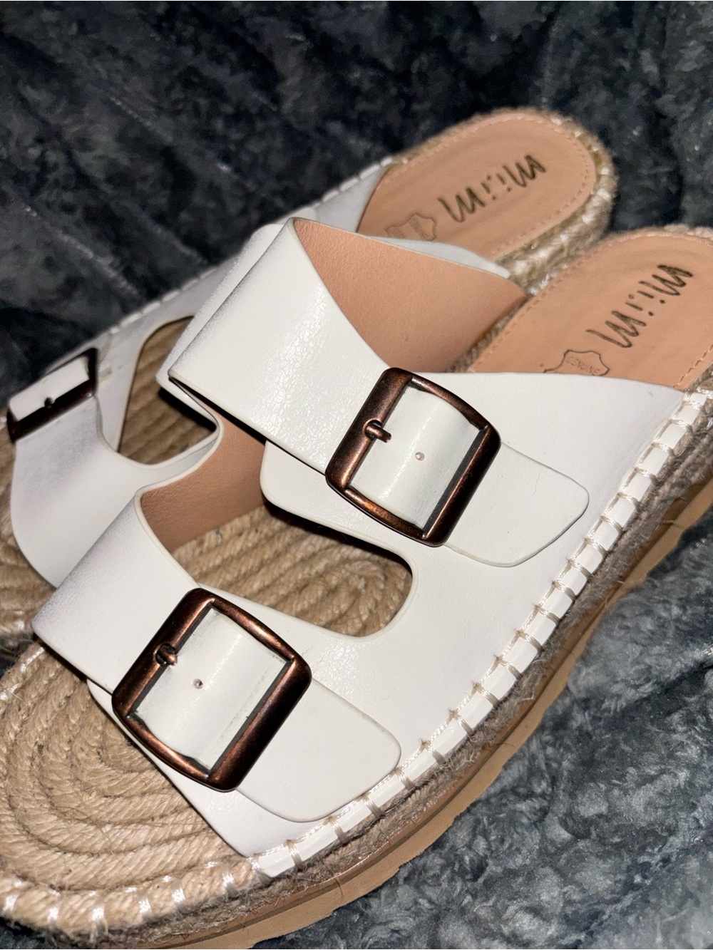 Mi.iM White Double-Buckle Espadrille Slide Sandals with Bronze Buckles